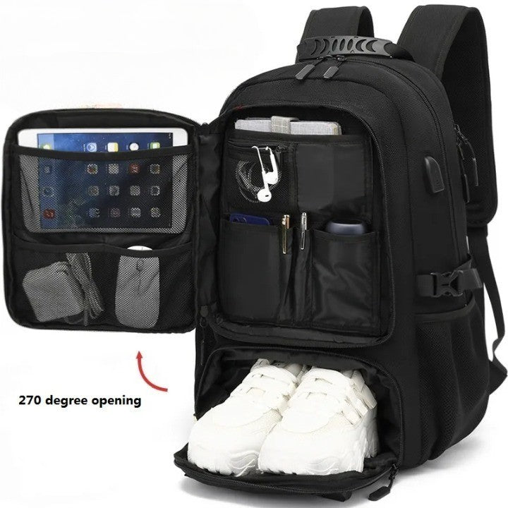 Schwarzer Laptop-Rucksack mit 270-Grad-Öffnung, Schuhfach, USB-Anschluss, ideal für Reisen.