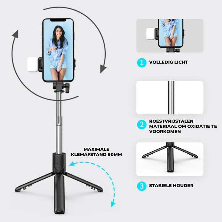 Selfie-Stick mit Stativ, schwarz, Edelstahl, 90mm Klemmlänge, stabiler Halter, LED-Licht.