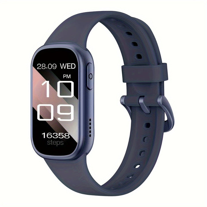 Schwarze Smartwatch mit Schrittzähler, rechteckigem Display und Silikonarmband.