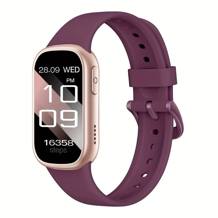 Lila Smartwatch mit Silikonarmband, Fitness-Tracker, Schrittzähler, Touchscreen, modern.