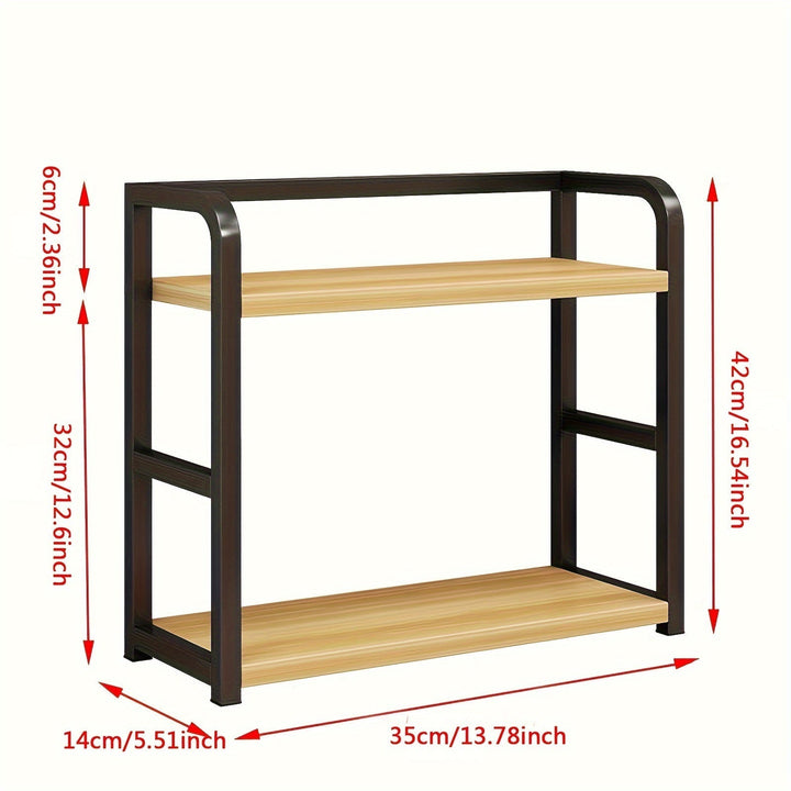 Schwarzes Metallregal mit zwei Holzablagen, 42cm hoch, ideal für Küche oder Büro.