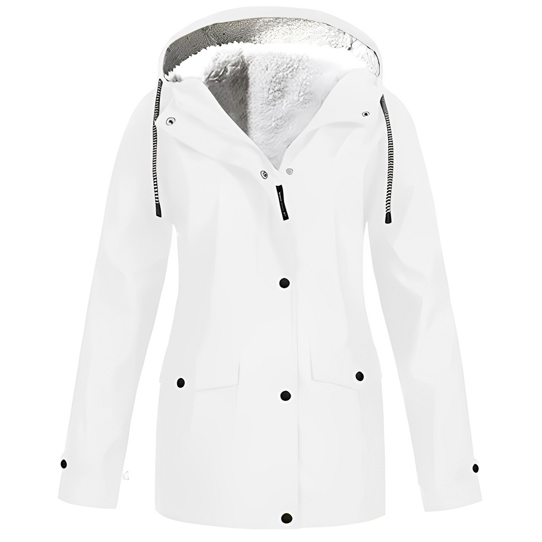 Weiße Damenjacke mit Kapuze, wasserdicht, Wintermantel, Fleece-Innenfutter, modisch.