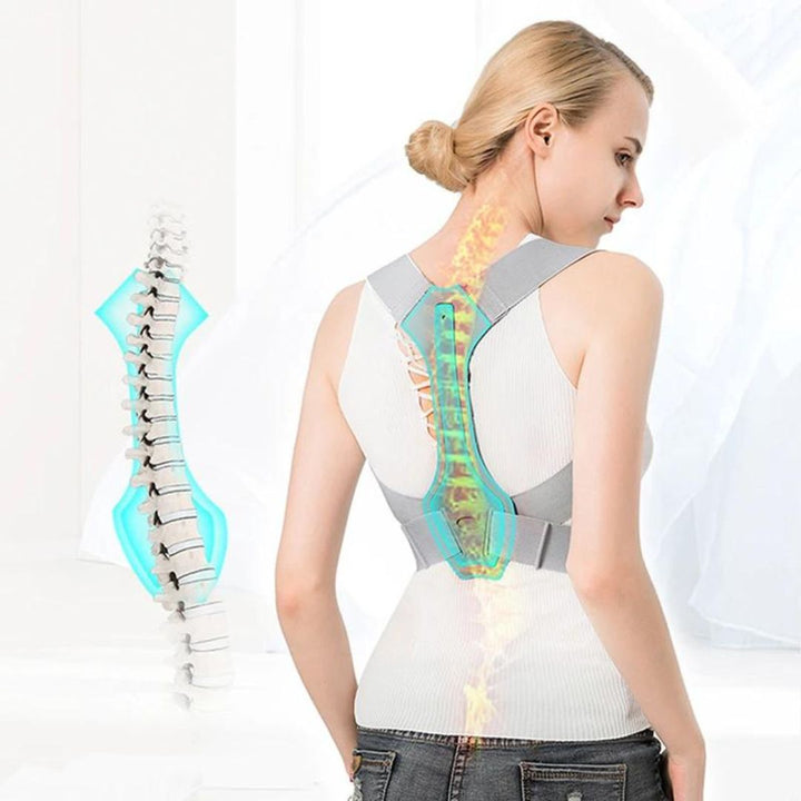 Frau mit Rückenstützgürtel, Haltungskorrektur, weiß, ergonomisch, Wirbelsäulenunterstützung.