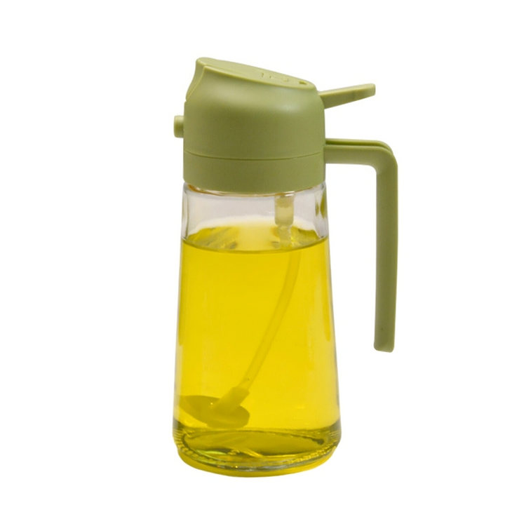 Grüner Ölspender aus Glas mit Griff, ideal für Küche, Essig oder Öl, modernes Design.