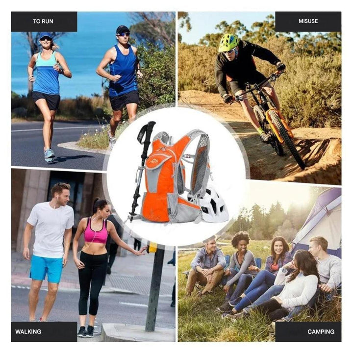 Oranger Wanderrucksack mit Trekkingstöcken, ideal für Outdoor-Aktivitäten wie Wandern und Camping.