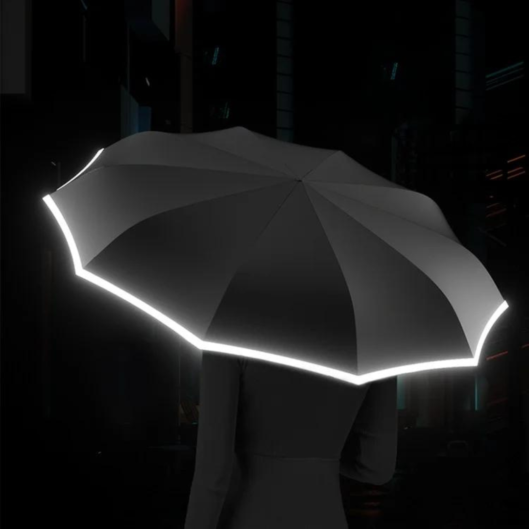 Schwarzer Regenschirm mit reflektierendem Rand, stilvoll, wetterfest, für Damen und Herren.