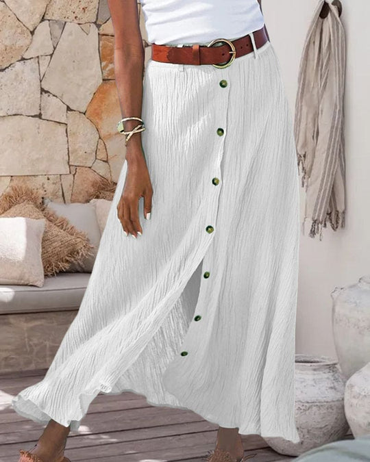 Weiße Maxirock mit Knopfleiste, Damenmode, Sommeroutfit, lässig, elegant, Leinenoptik.