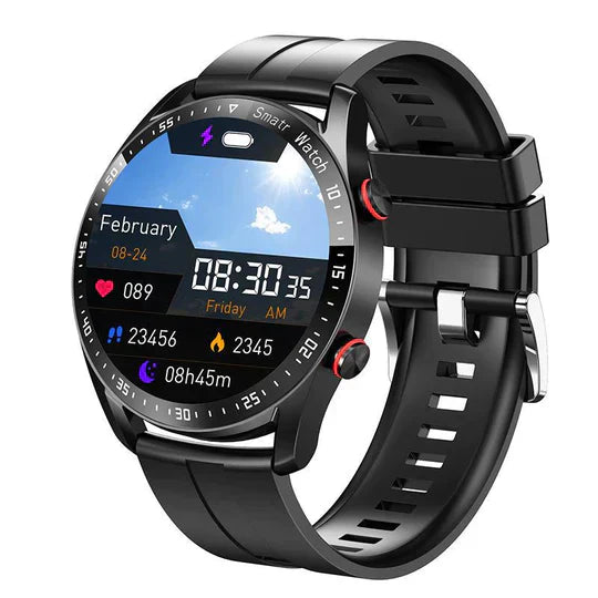 Schwarze Smartwatch mit rundem Display, Fitness-Tracker, Herzfrequenzmesser, Wetteranzeige.