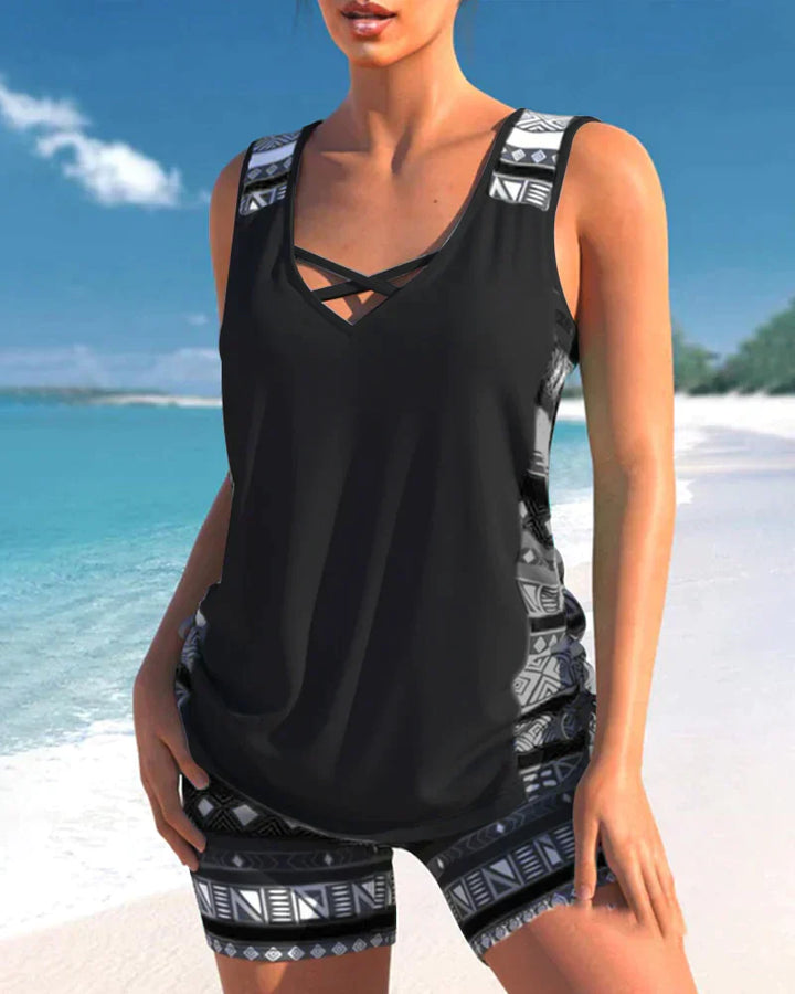 Trendy plavky s V výstřihem a geometrickým vzorem – Tankini set Madonna