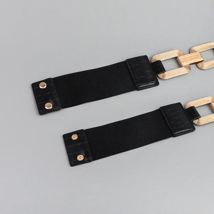 Schwarzer elastischer Gürtel mit goldenen Kettengliedern, modisches Accessoire für Damen.