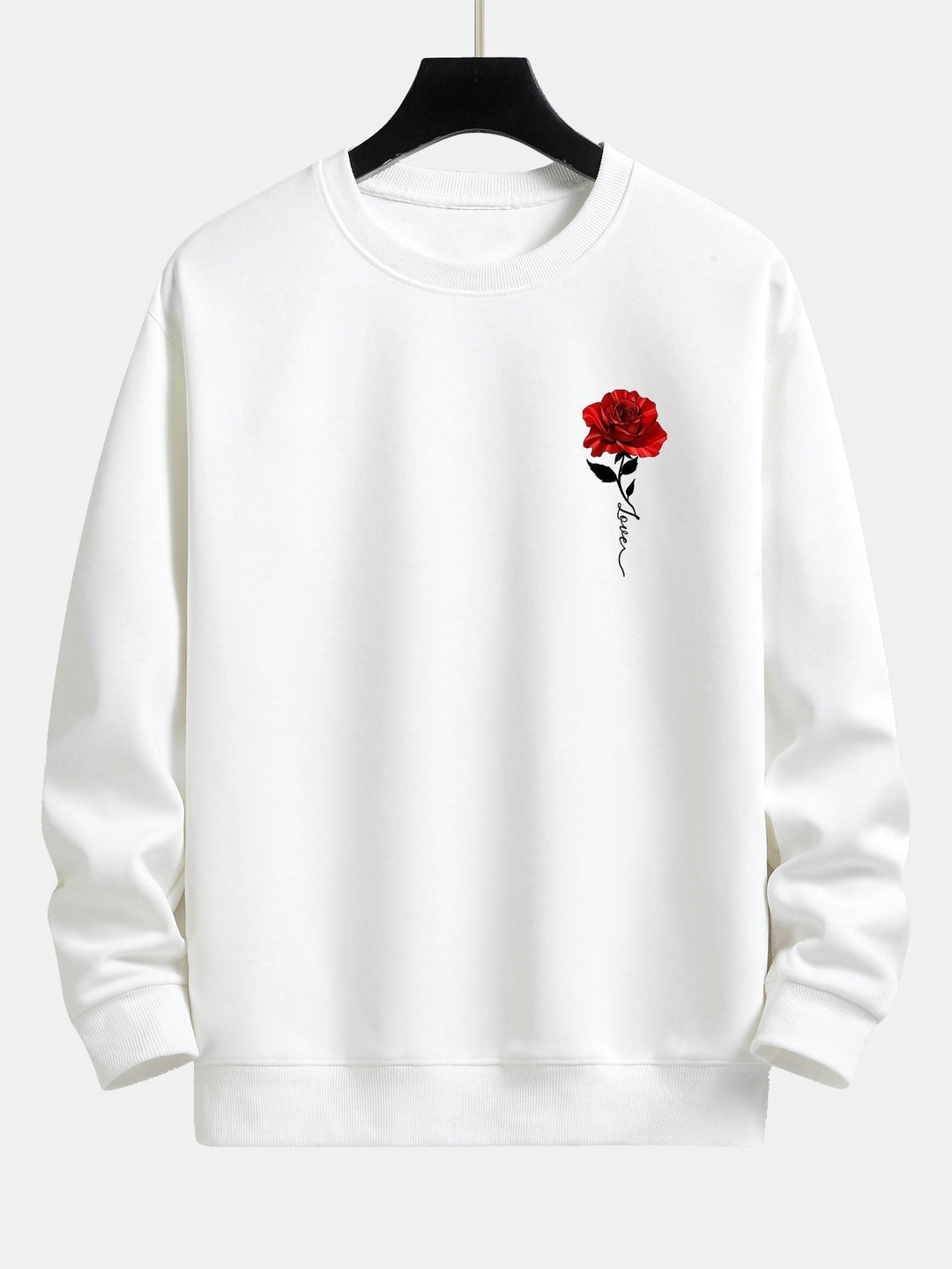 Weißer Pullover mit roter Rose, Unisex, Baumwolle, modisch, lässig, Langarm, Streetwear.