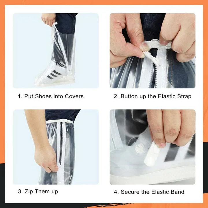 Transparente wasserdichte Schuhüberzieher mit Reißverschluss und elastischem Band für Regenschutz.