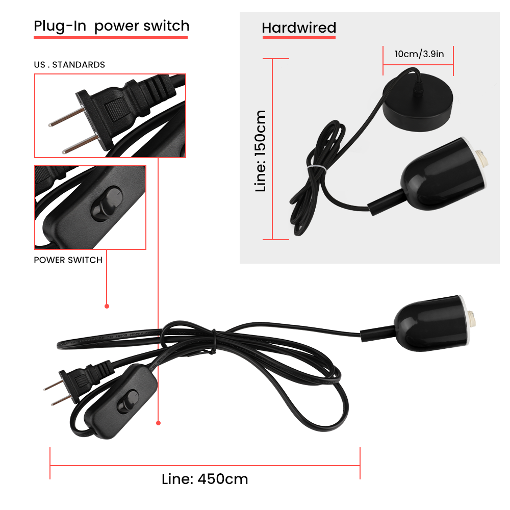 Schwarzes Netzkabel mit Schalter, US-Stecker, 450 cm Länge, für Beleuchtung, Hardwired-Option.
