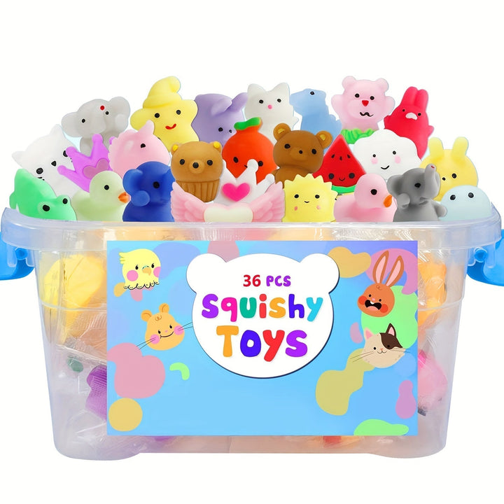 36 bunte Squishy-Spielzeuge in transparenter Box, stressabbauend, für Kinder, Geschenkidee.