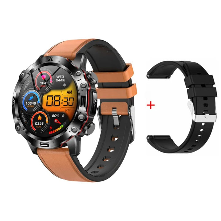 Smartwatch mit braunem Lederarmband, rundem Zifferblatt, digitalem Display und zusätzlichem Armband.