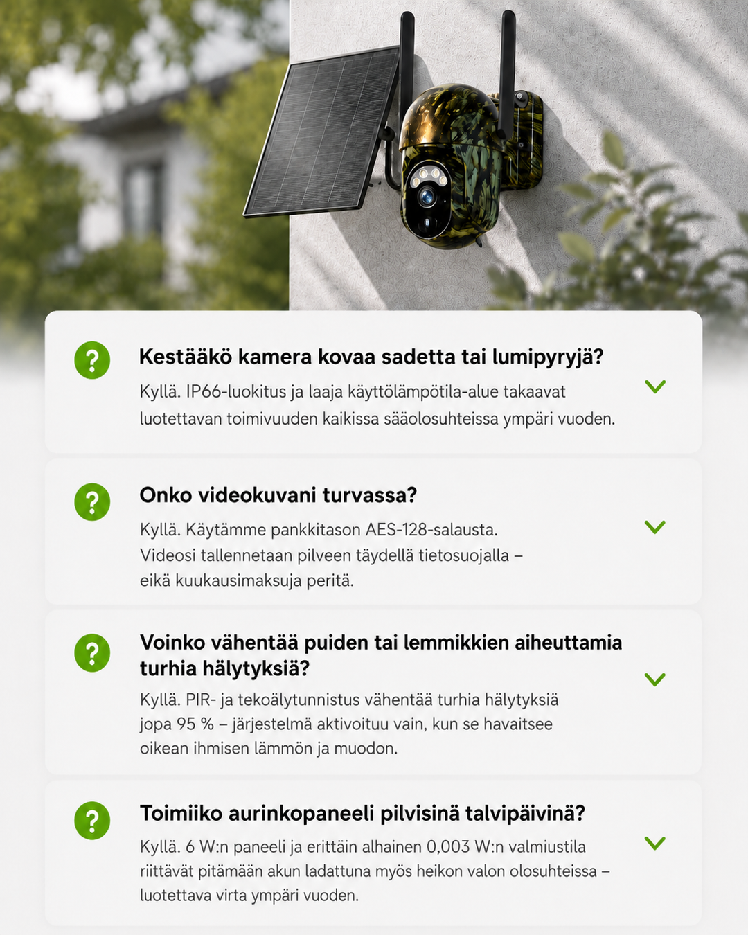 Kamera se solárním panelem na zdi domu, pod ní čtyři rámečky s otázkami a odpověďmi o odolnosti a napájení. 12