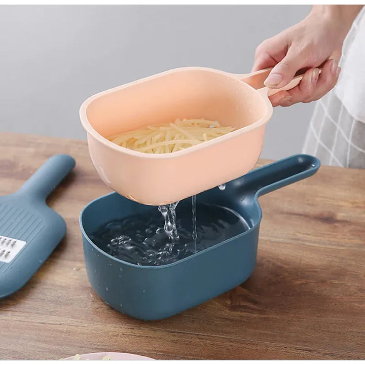 Multifunktionale Mandoline Gemüseschneider mit Sieb, rosa und blau, Küche, Kunststoff.