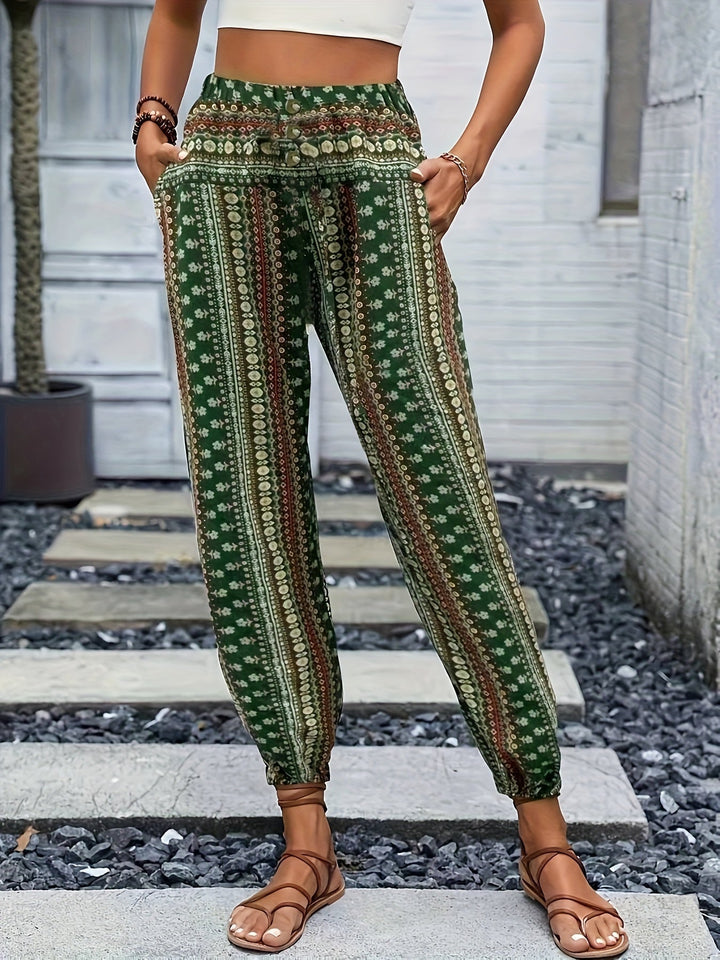 Boho Haremové dámské kalhoty s potiskem a nabíraným pasem – Linara