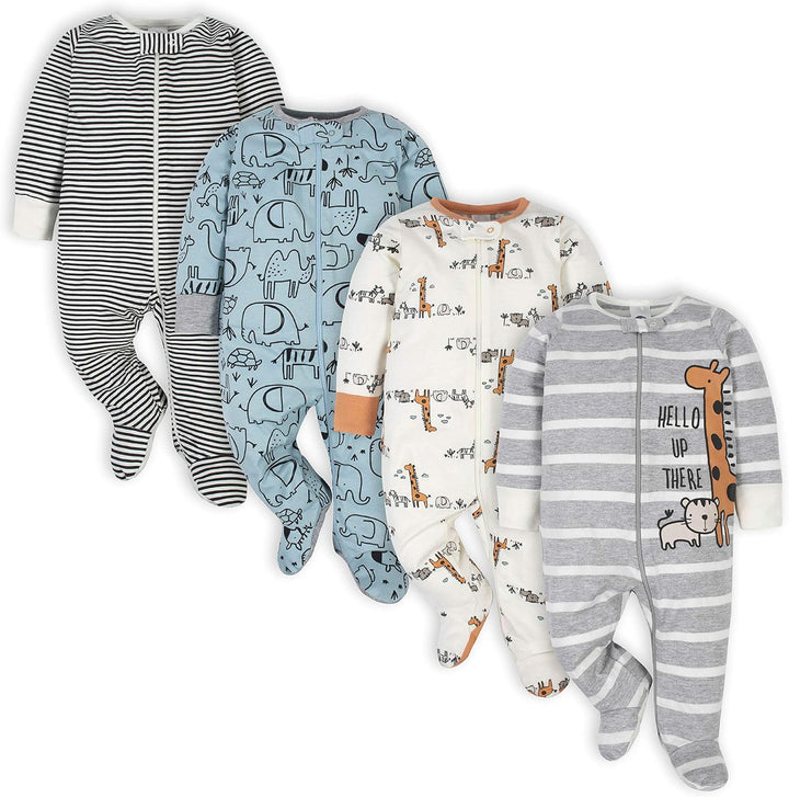 Vier Baby-Strampler, Baumwolle, Tiermuster, Streifen, Reißverschluss, Unisex, Neugeborene.