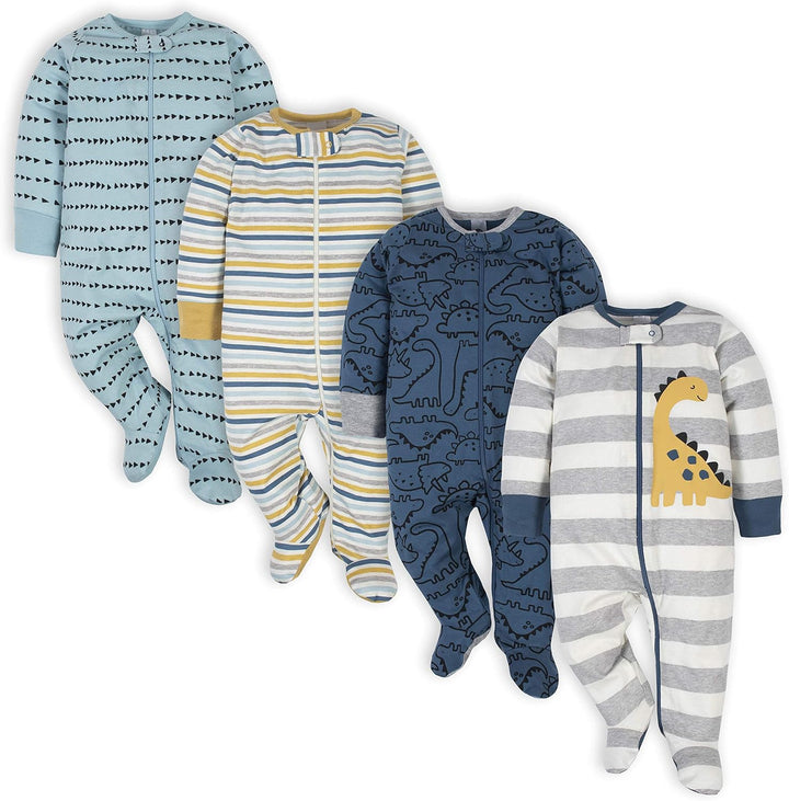 Vier Baby-Strampler mit Dinosaurier- und Streifenmuster, blau und grau, aus Baumwolle.