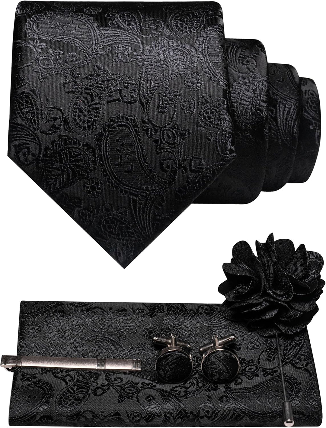 Set kravaty s paisley vzorem, kapesníčku, manžetových knoflíčků, spony a květinové brože v celočerné barvě 37