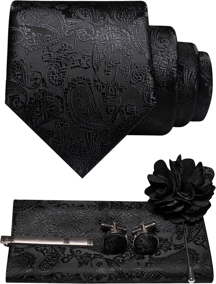 Set kravaty s paisley vzorem, kapesníčku, manžetových knoflíčků, spony a květinové brože v celočerné barvě 37