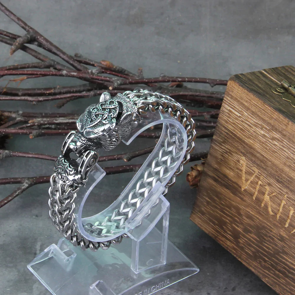 Viking-Armband aus Edelstahl mit Drachenmotiv, silber, geflochten, Herren-Schmuck, Geschenkidee.