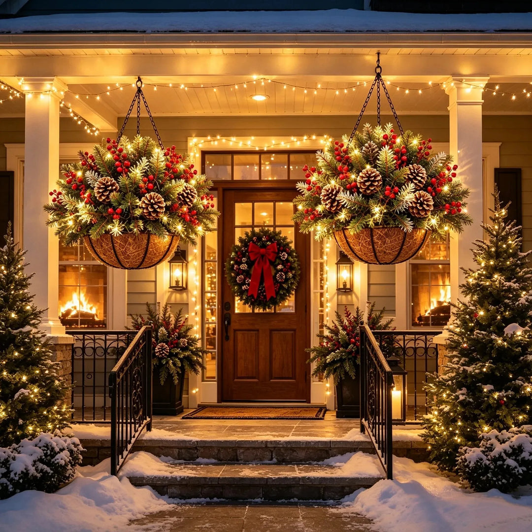 Dva rozsvícené závěsné koše se šiškami a červenými bobulemi před zasněženým vchodem domu 1
