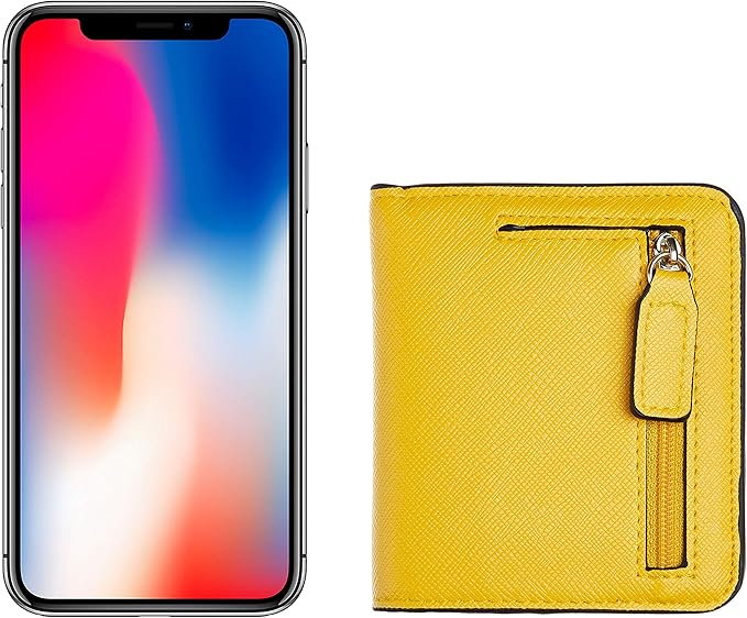 Gelbes Lederportemonnaie mit Reißverschluss neben Smartphone mit randlosem Display.