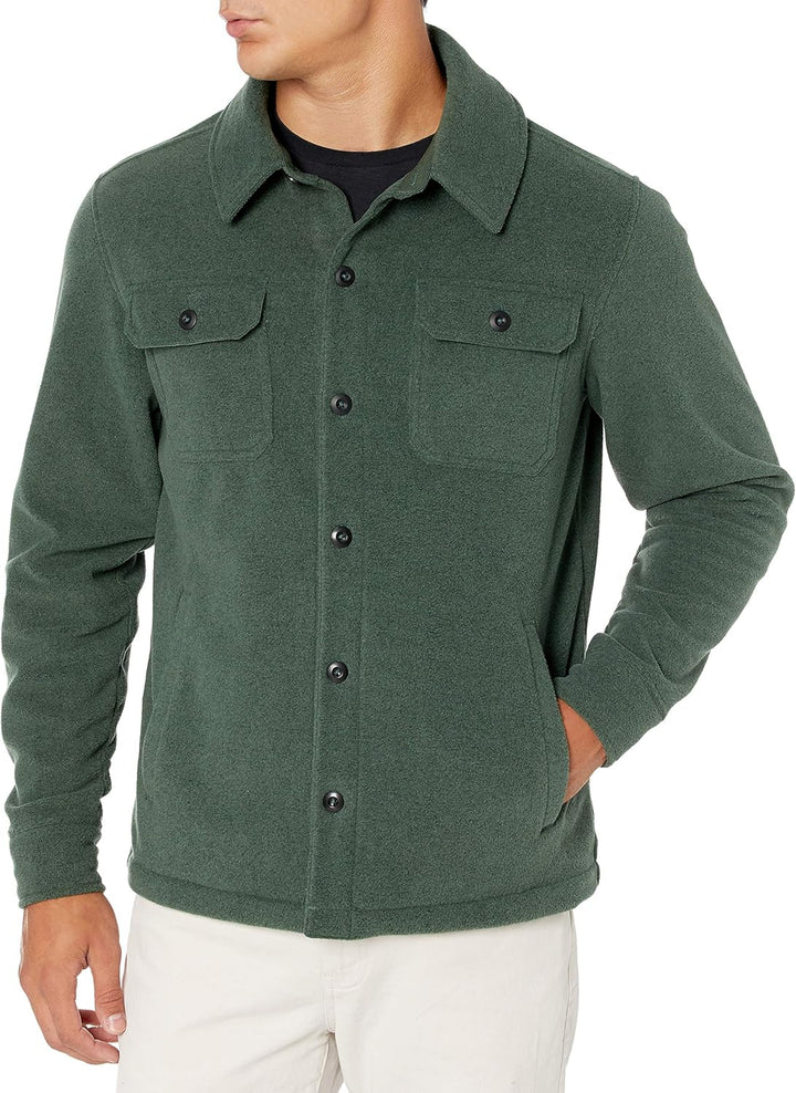 Grüne Herren-Fleecejacke mit Knopfleiste, Brusttaschen, langärmelig, lässiger Stil.
