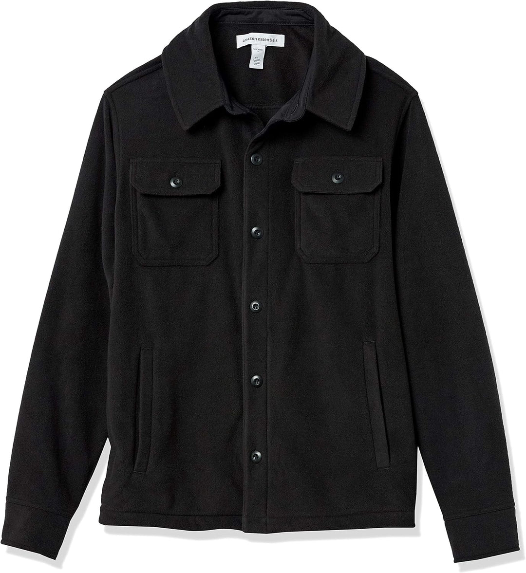 Schwarze Herrenjacke aus Fleece mit Knopfleiste und Brusttaschen, warm und stilvoll.