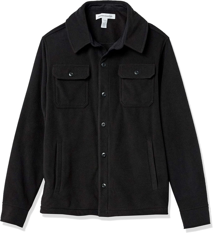 Schwarze Herrenjacke aus Fleece mit Knopfleiste und Brusttaschen, warm und stilvoll.