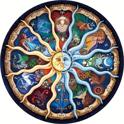 Kreisförmiges Tierkreiszeichen-Design mit Sonne und Mond, bunte astrologische Symbole.