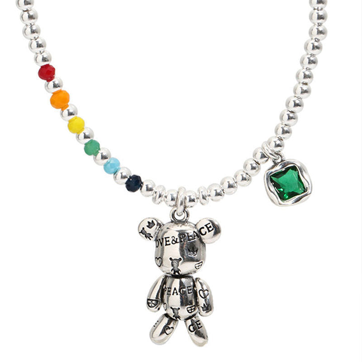 925 Sterling Silber Halskette mit Bär-Anhänger und grünem Zirkon, Damen Schmuck.