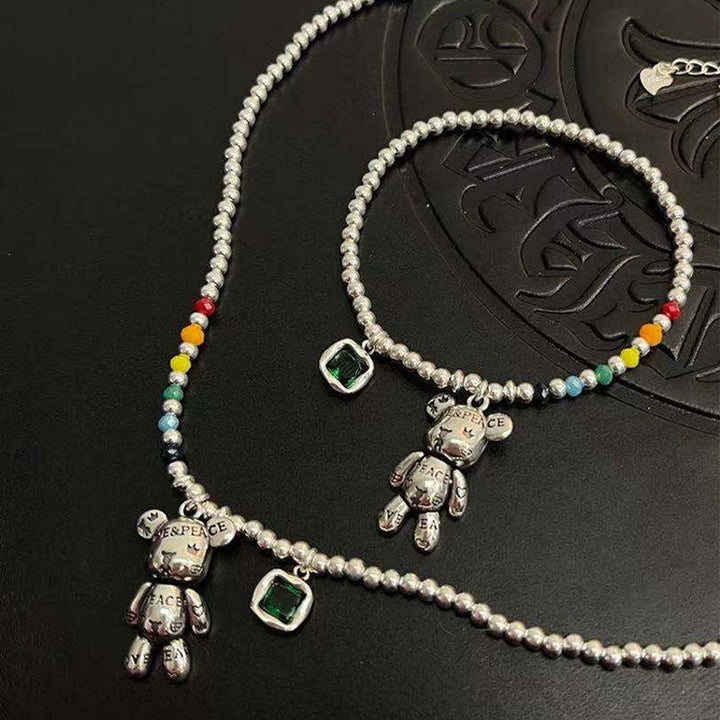 925 Sterling Silber Choker Halskette mit Bär und grünem Zirkon, Damen Schmuck.