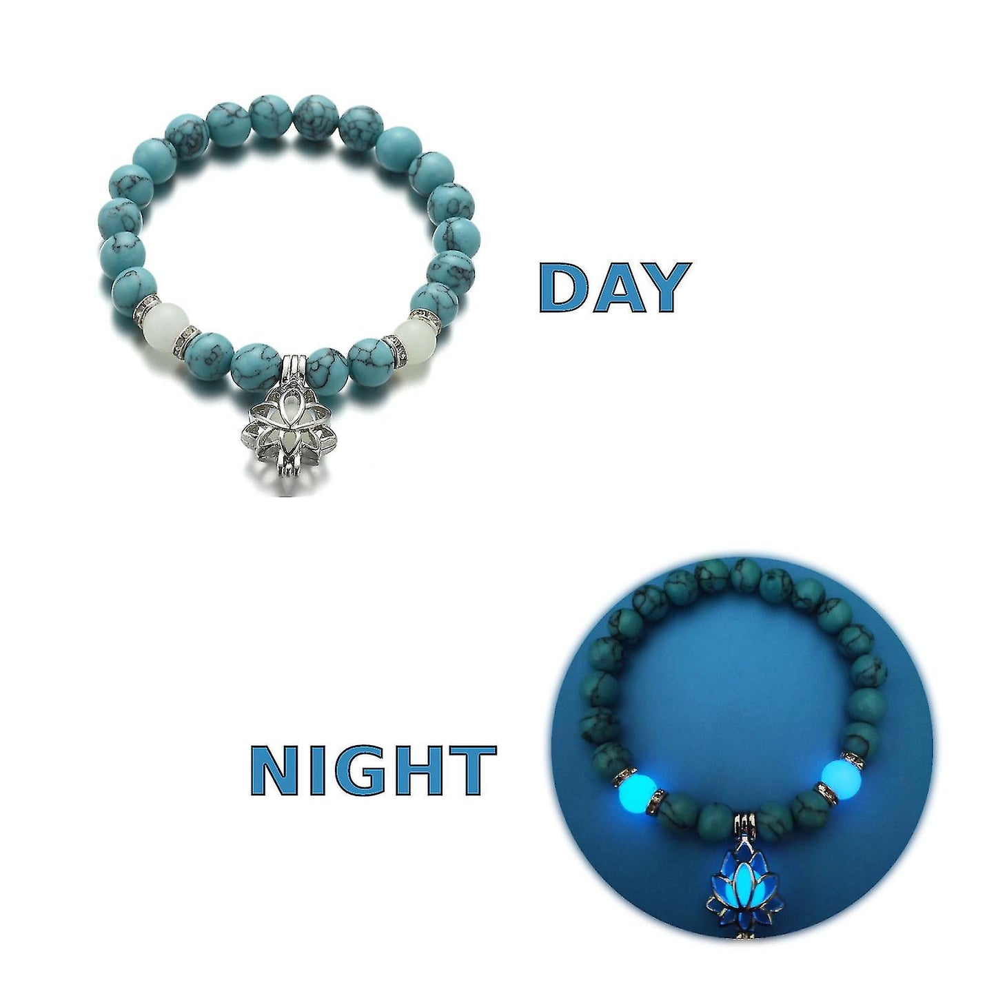Türkisfarbenes Armband mit Lotus-Anhänger, leuchtet im Dunkeln, Schmuck für Tag und Nacht.