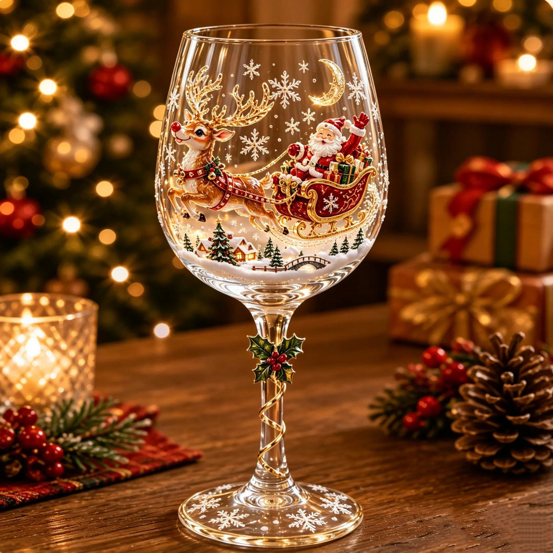 Sklenice s motivem Santy v saních tažených létajícím sobem nad zasněženou vesničkou, na stole se svíčkou 3