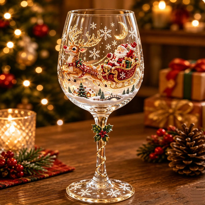 Sklenice s motivem Santy v saních tažených létajícím sobem nad zasněženou vesničkou, na stole se svíčkou 3