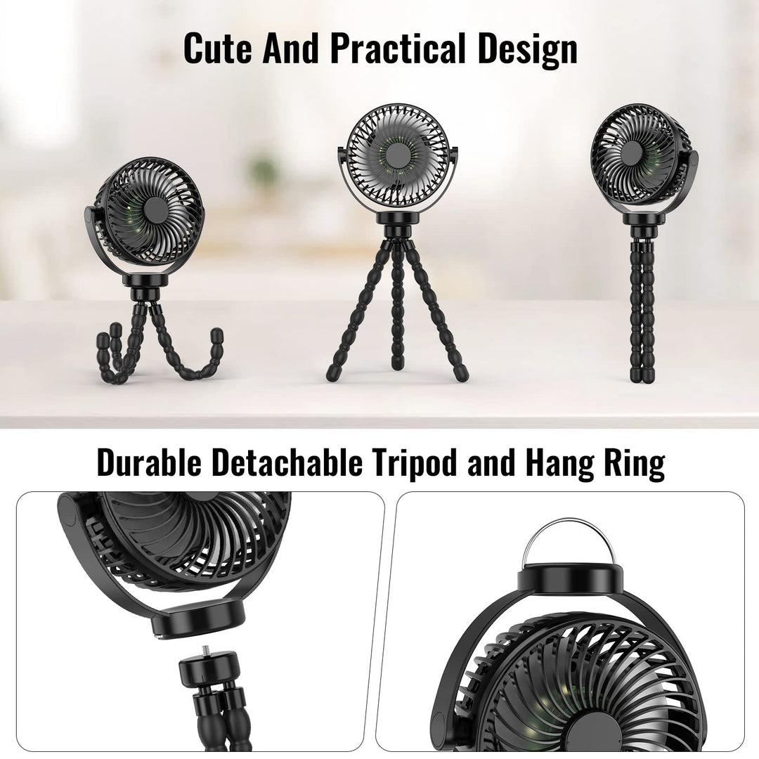Tragbarer Ventilator mit flexiblem Stativ, schwarz, ideal für Reisen und Outdoor-Aktivitäten.
