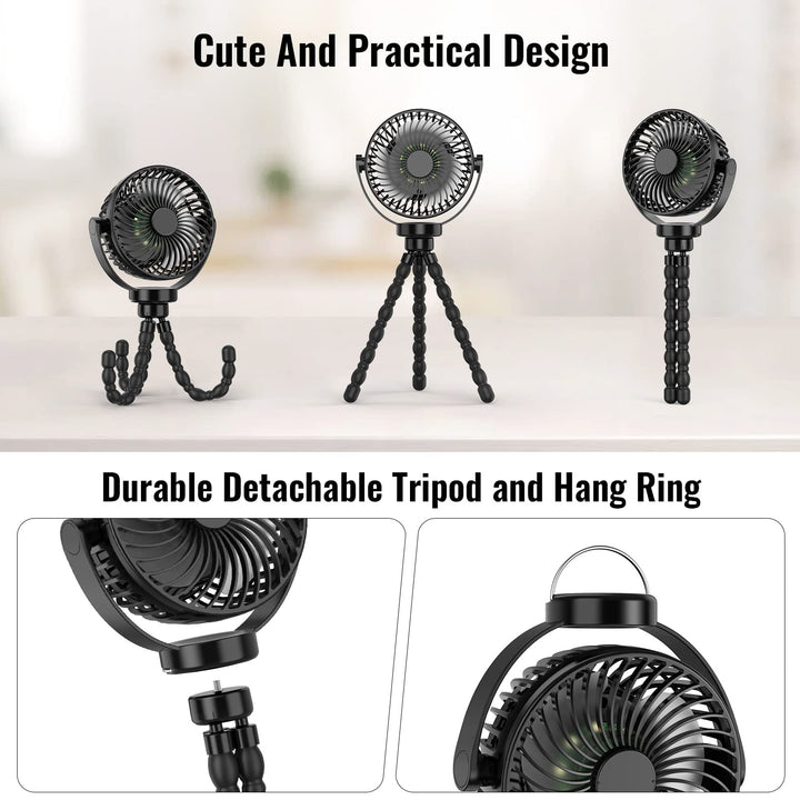 Tragbarer Ventilator mit flexiblem Stativ, schwarz, ideal für Reisen und Outdoor-Aktivitäten.