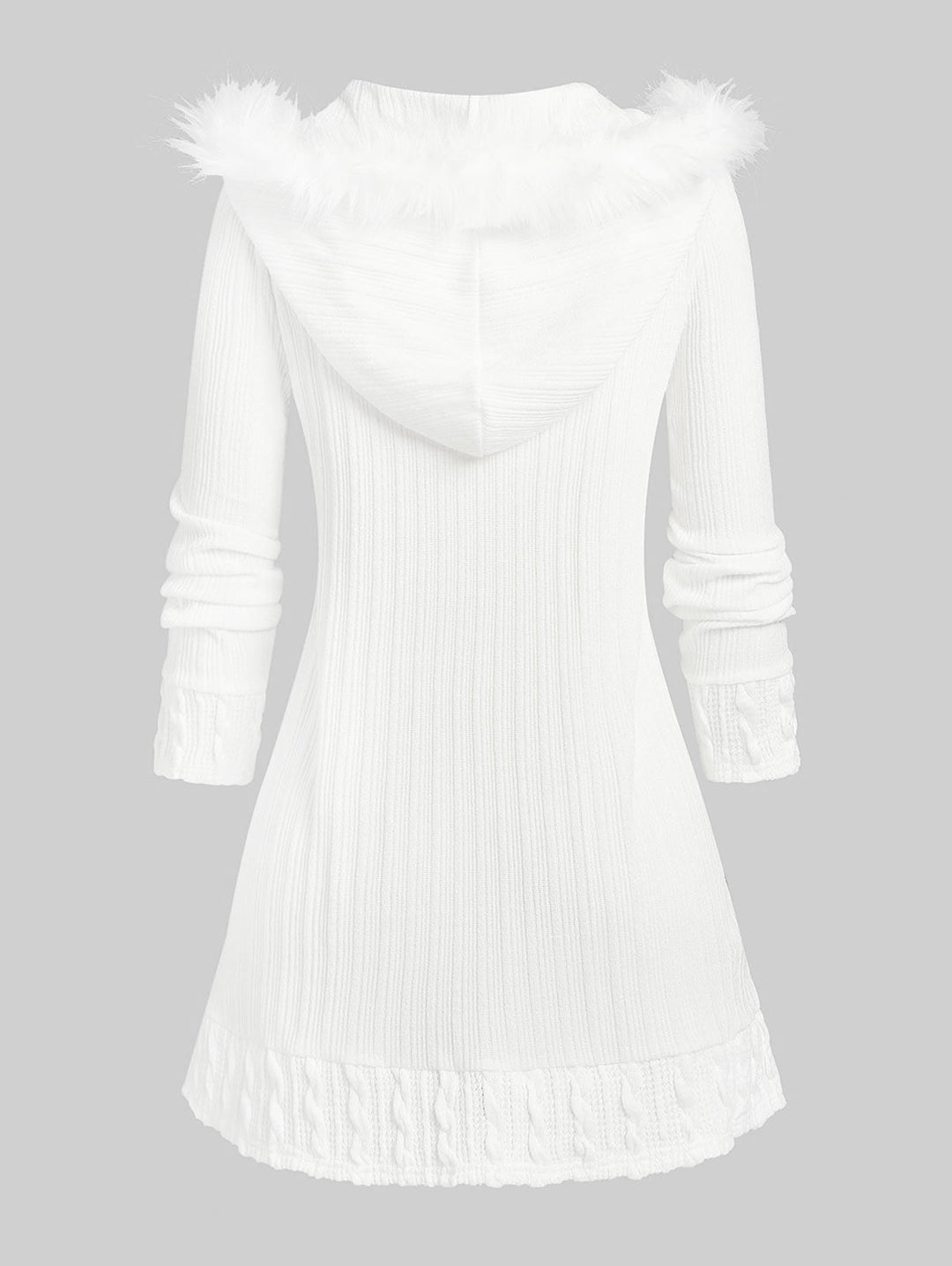 Weiße Strickjacke mit Kapuze und Kunstfellbesatz, Damenmode, Winterkleidung, elegant.