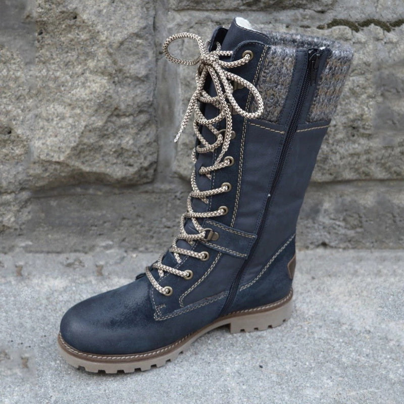 Damen Winterstiefel, schwarz, Leder, Schnürung, Reißverschluss, warme Fütterung, rutschfeste Sohle.