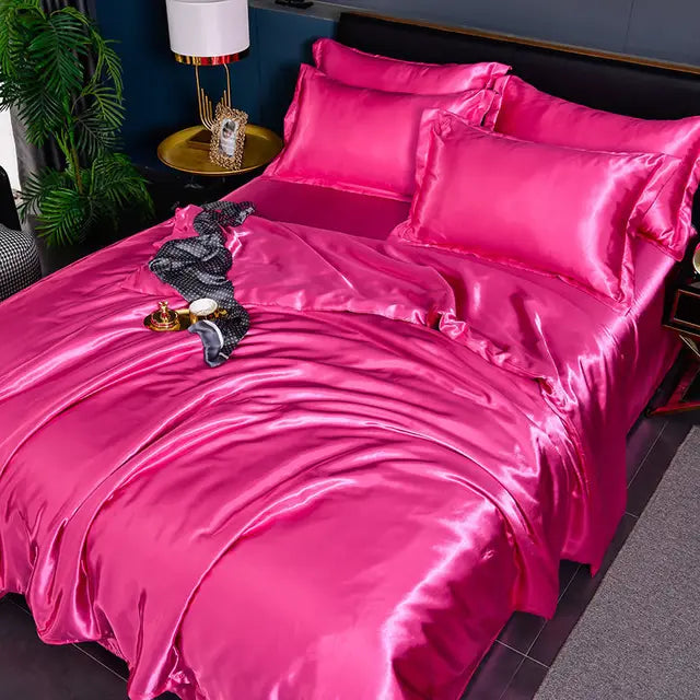 Rosa Seidensatin-Bettwäsche-Set, luxuriös, glänzend, für Doppelbett, Schlafzimmer-Dekoration.
