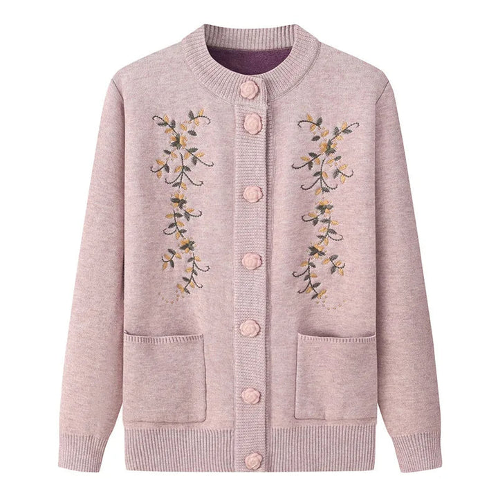 Damen Strickjacke rosa, bestickt, Knöpfe, Taschen, Baumwolle, elegant, Herbstmode.