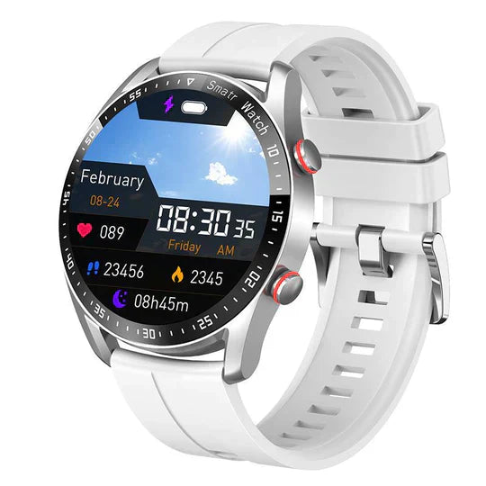 Weiße Smartwatch mit rundem Display, Fitness-Tracker, Herzfrequenzmesser, Edelstahlgehäuse.