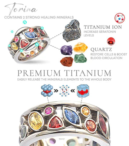 Premium-Titanring mit bunten Edelsteinen, Heilmineralien, Serotonin, Blutzirkulation verbessern.