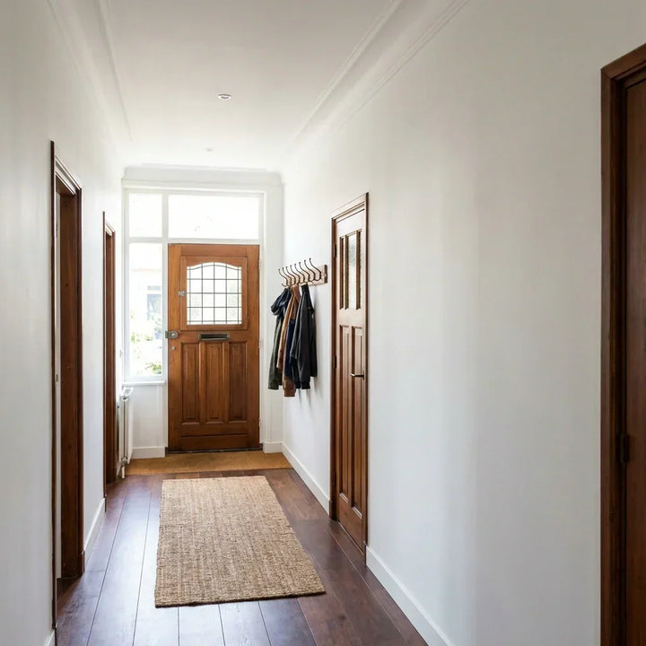 Bílá chodba s dřevěnými dveřmi, věšákem s bundami a pleteným kobercem na podlaze 7