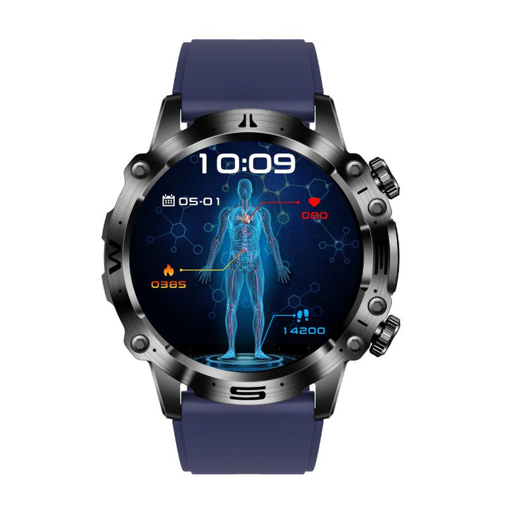 Smartwatch mit blauem Armband, Edelstahlgehäuse, Gesundheitsüberwachung, digitalem Display.