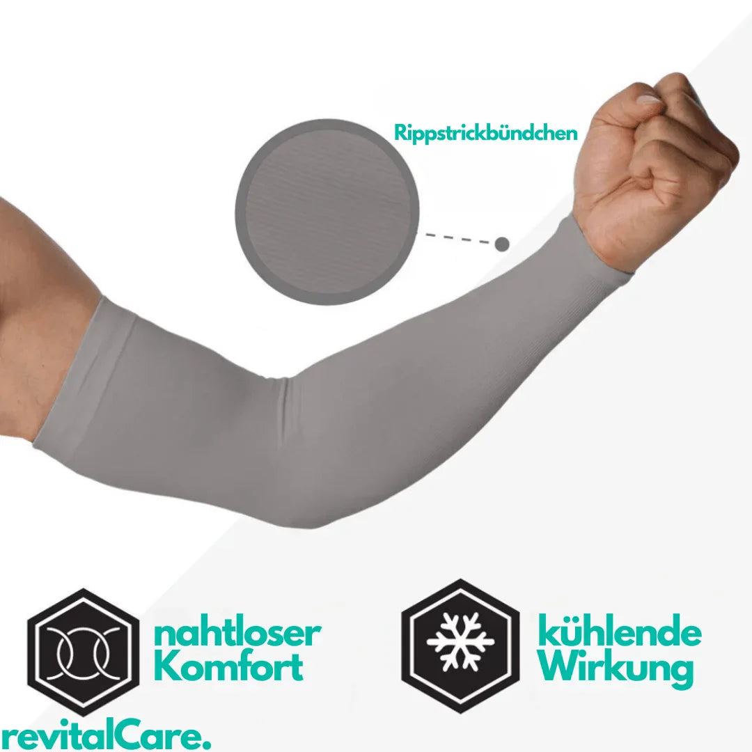 Grauer Armkompressionsärmel mit Rippstrickbündchen, nahtlosem Komfort, kühlender Wirkung.