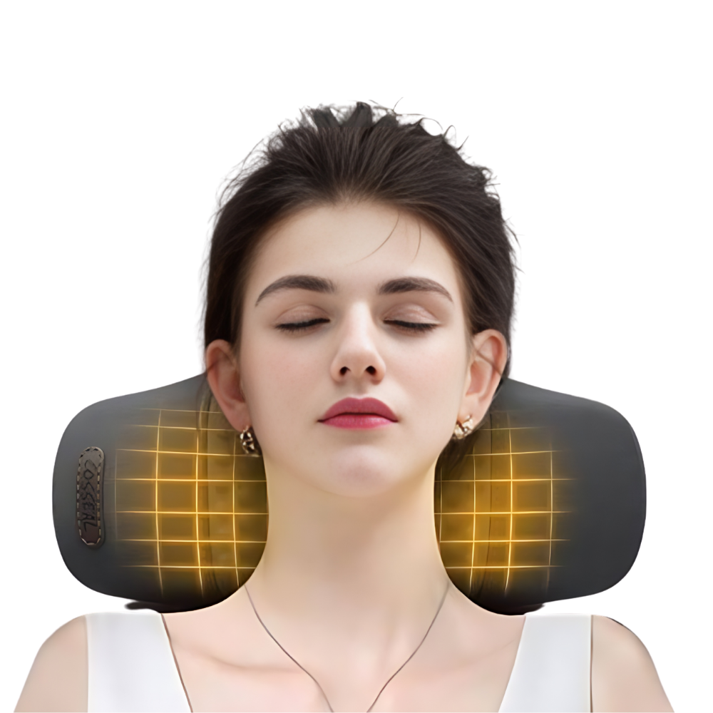 Frau entspannt mit beheiztem Nackenmassagegerät, schwarz, ergonomisch, Wellness, Entspannung.